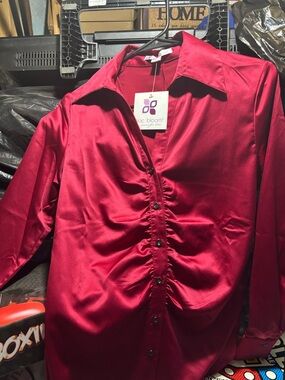 bloom Satin Ruched Front Button-Down Shirt — Crimson Red